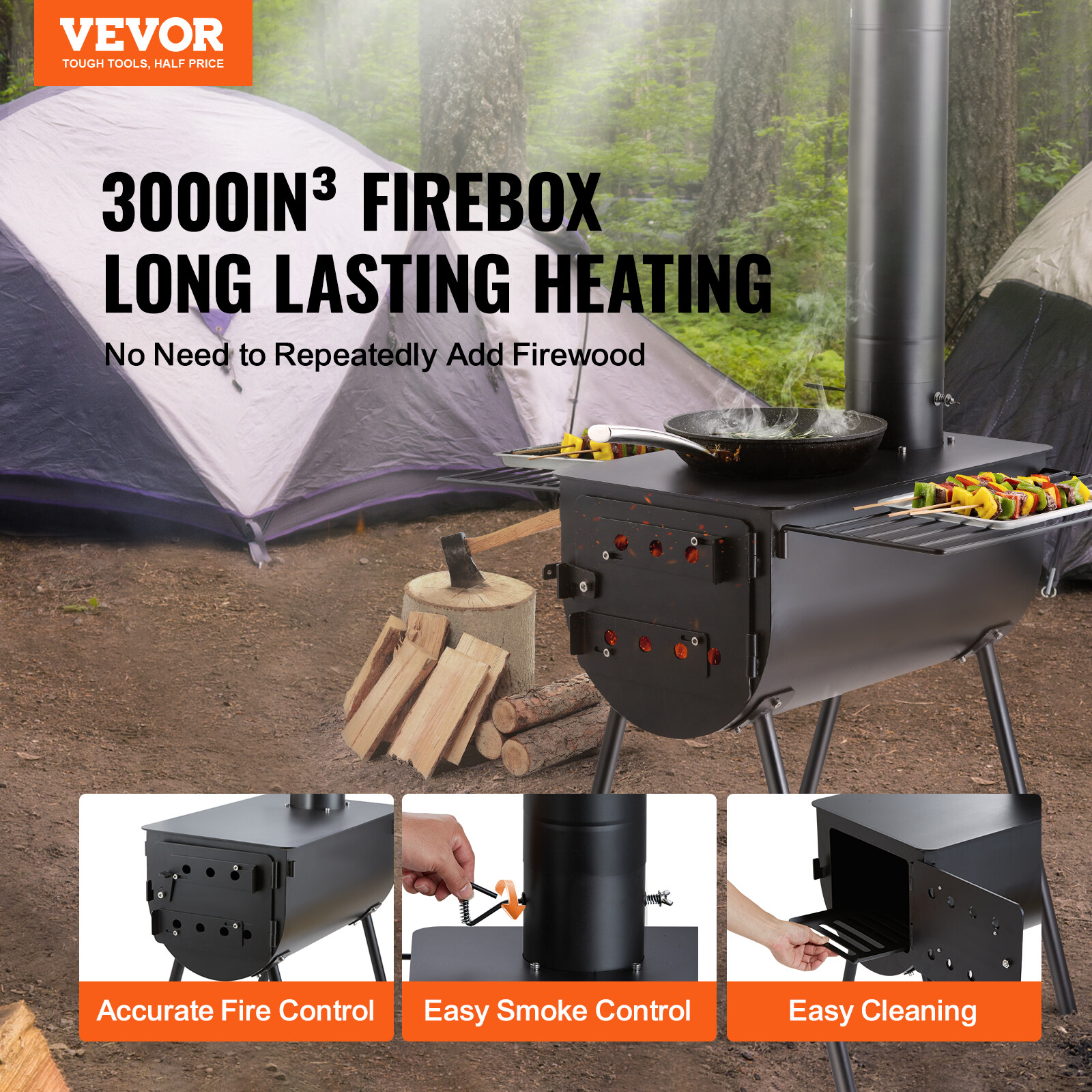 VEVOR Portable Wood Stove Camping Hot Tent BBQ Stove 118 in for Outdoor w/ Pipes