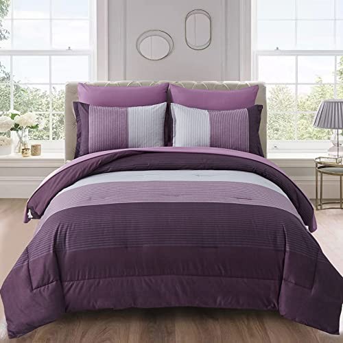 Comforter Set Reversible Striped Patchwork Alternative Comforte Queen Purple