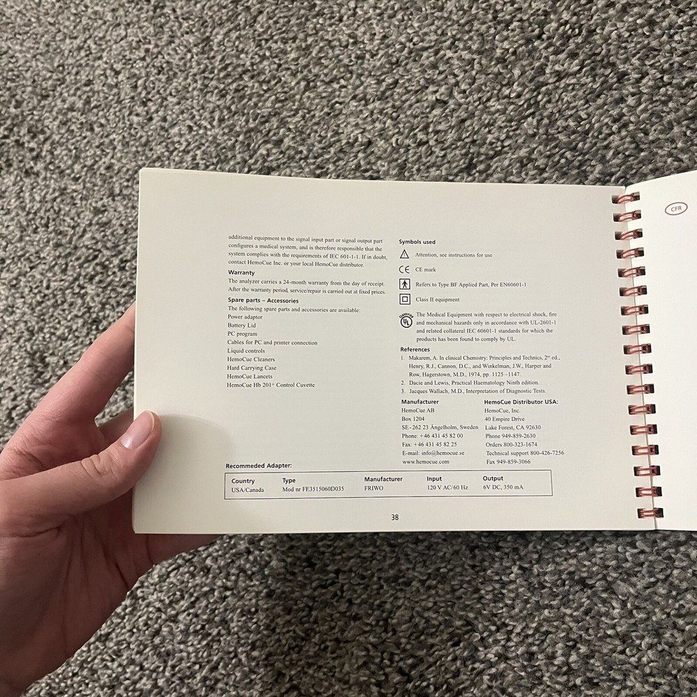 HEMOCUE HB 201+ Hemoglobin Analyzer Operating Manual Instructions Only