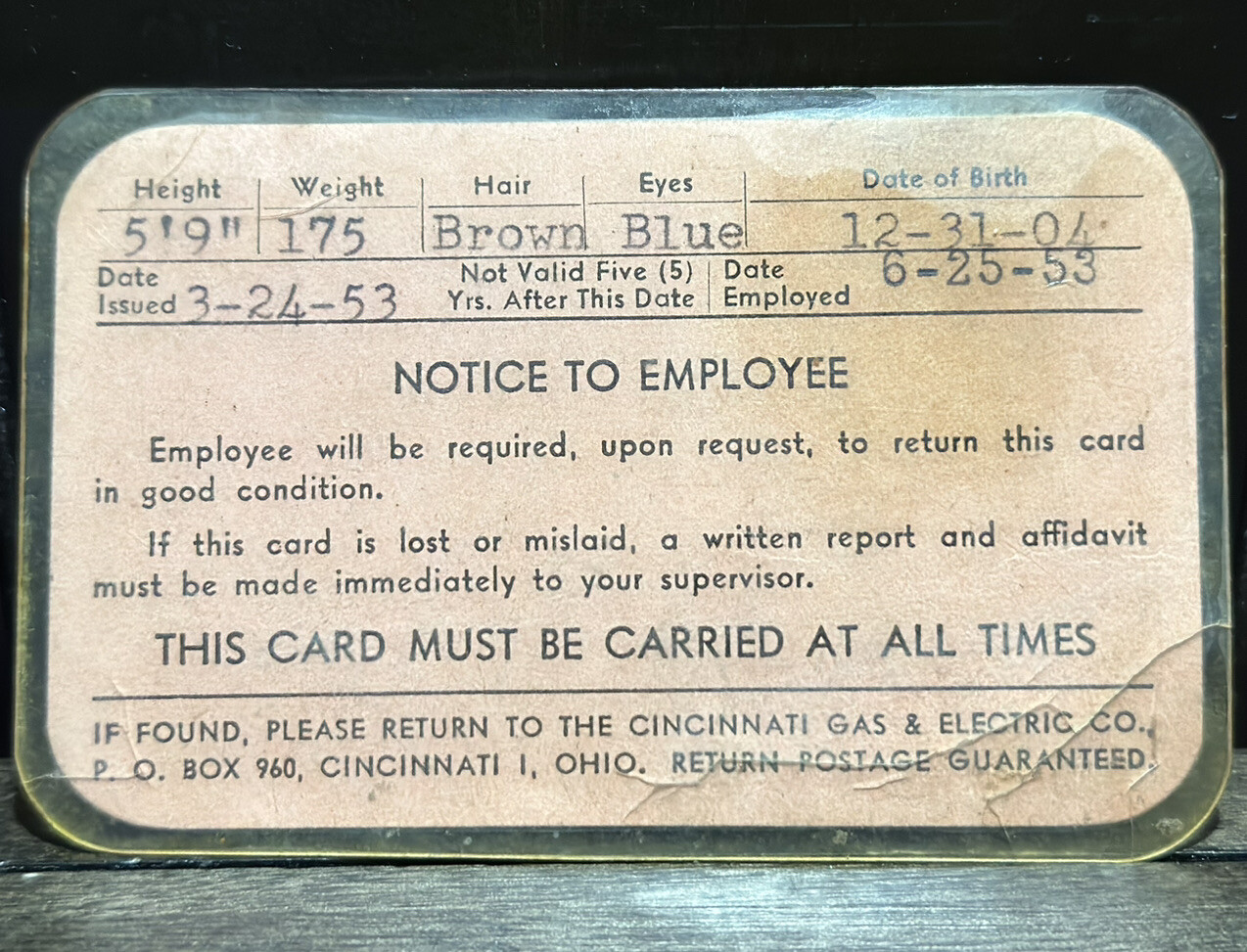 1953 Cincinnati Gas & Electric Co. Employee Badge Card Electric Distribution