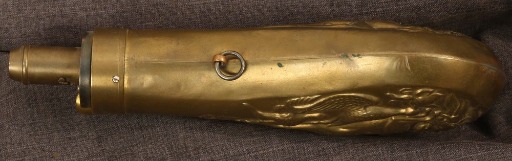 Hanging dead game embossed powder flask