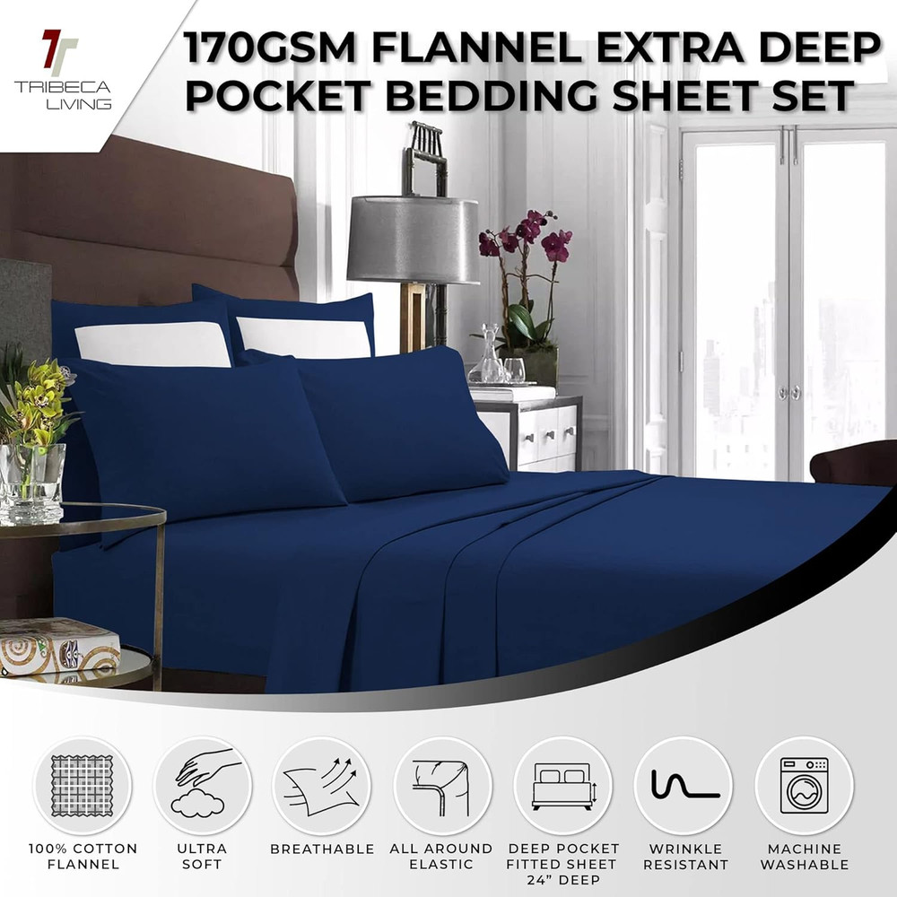 FLSOEDSS Luxury Solid Flannel Deep Pocket Sheet Set, Full, Dark Blue