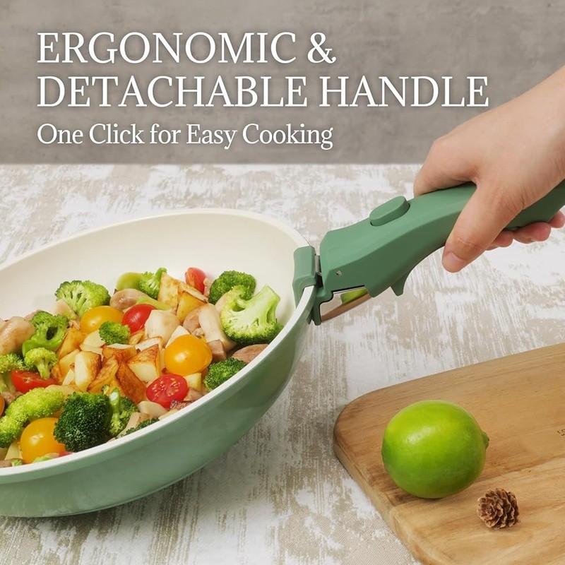 Non Stick Ceramic Cookware Set 8Pcs Removable Handle Space Saving Easy Cleanup