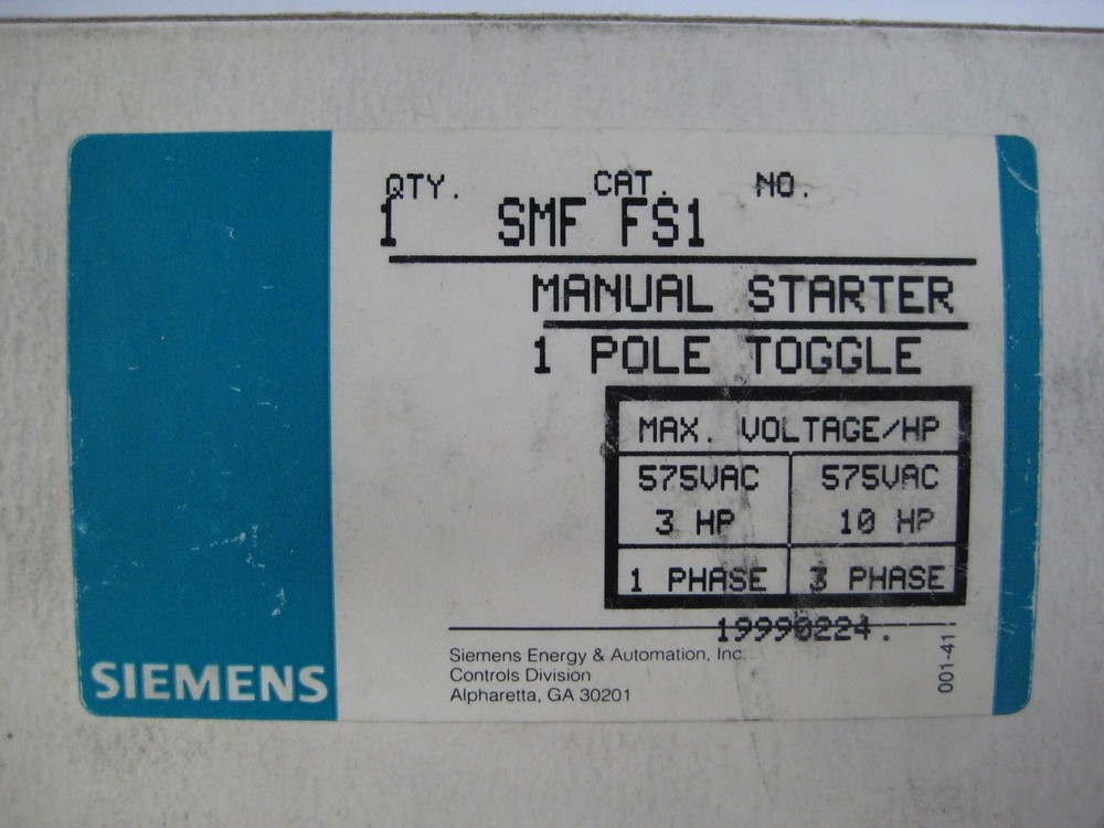 SIEMENS SMFFS1 POLE TOGGLE MANUAL STARTER NSMP