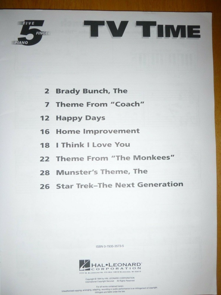 TV Time for Five Finger Piano