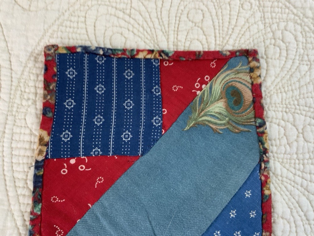 Vintage Patchwork Quilt Small Table Topper, Triangles, Squares, Early Calicos