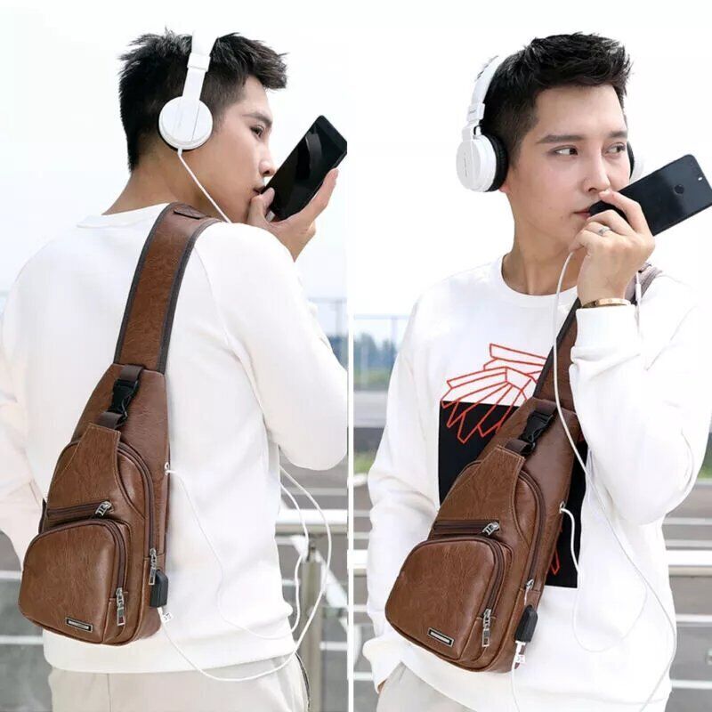 Mens Sling Backpack PU Leather Cross Body Chest Bag Fanny Packs USB Charging NEW