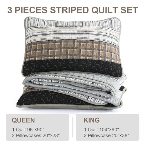 Striped Quilt Set Size Boho Bedspread Set 3 Pieces Patchwork King Brown