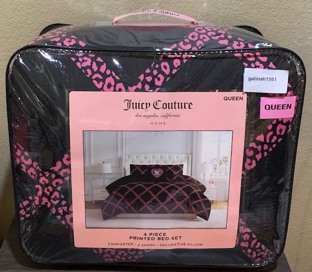 Juicy Couture Black/Hot Pink Leopard Print QUEEN 4pc Set Comforter,Shams,Pillow