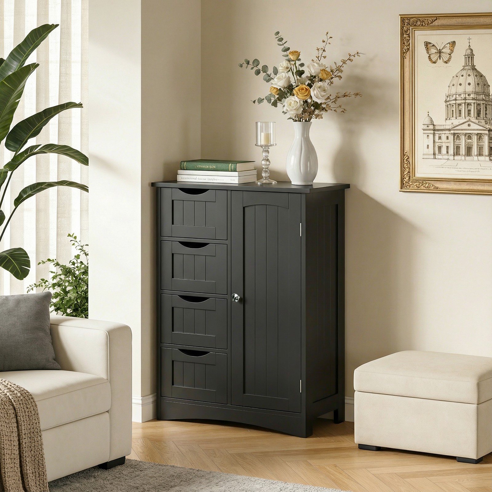 Bathroom Floor Storage Cabinet w/4 Drawers Adjustable Shelves Freestanding Black