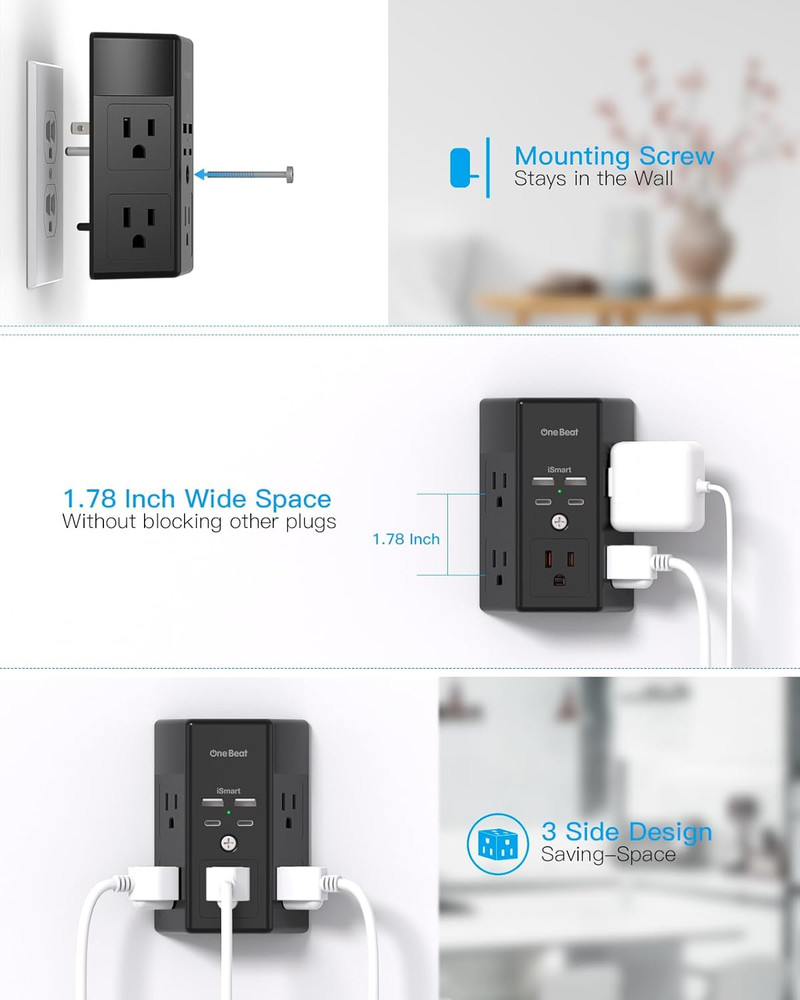 2 Pack Multi Plug Outlet, Surge Protector, 5 Outlet Extender with 4 USB Charging