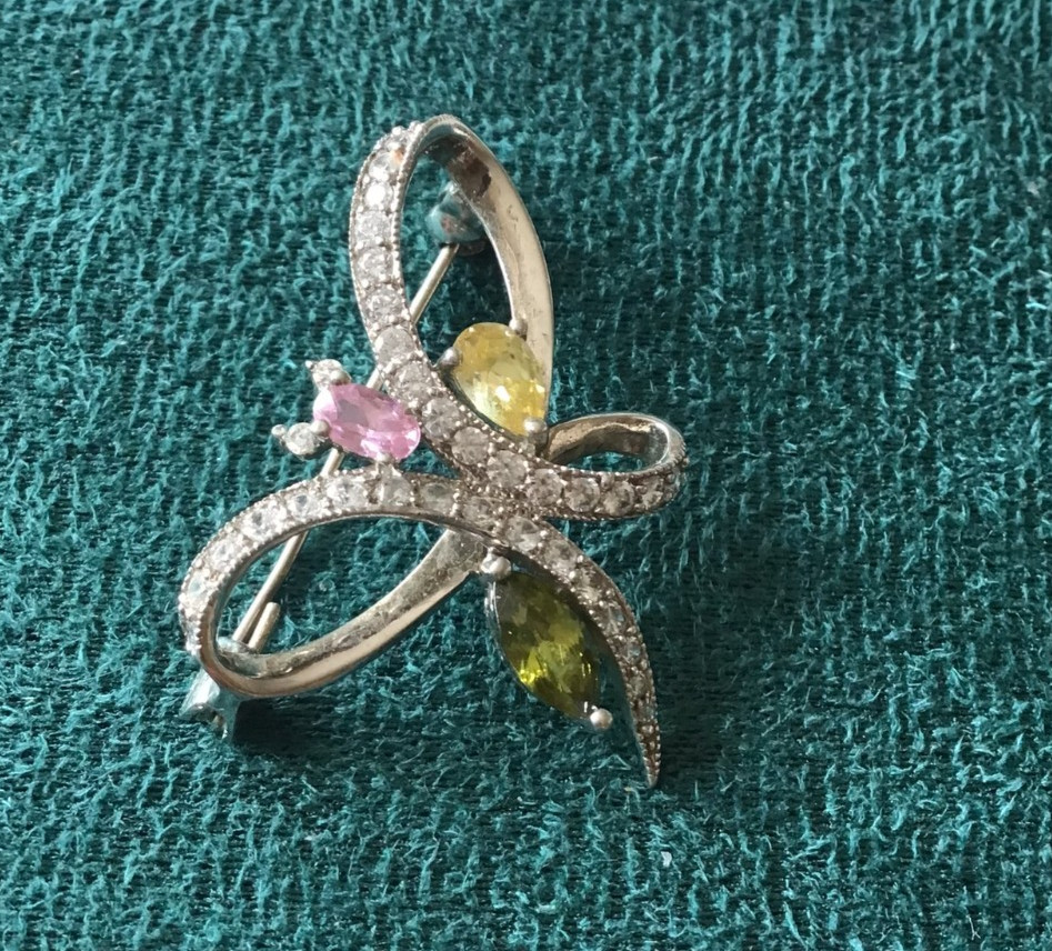 Sterling Silver 3-Gem (Peridot, Pink Tourmaline & Citrine) Butterfly Brooch