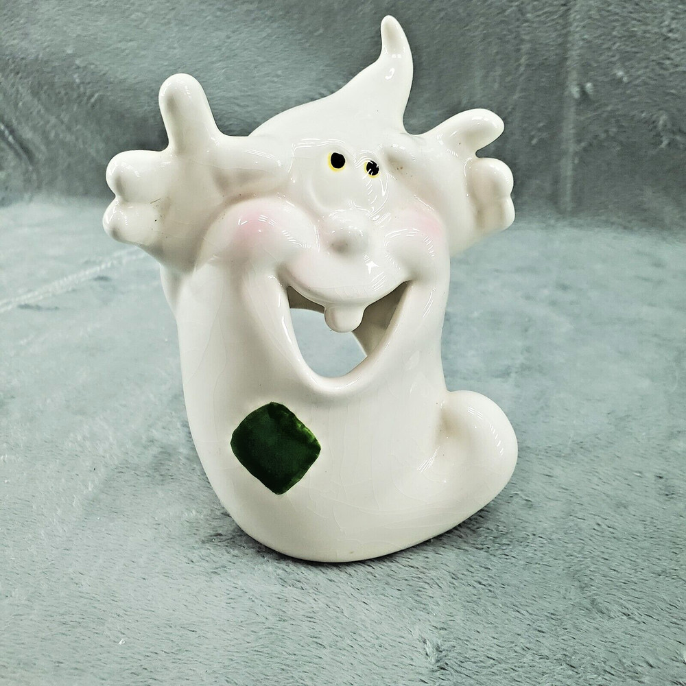 Ghost Tealight  Candle Holder Green Patch Glossy White Ceramic Blushing