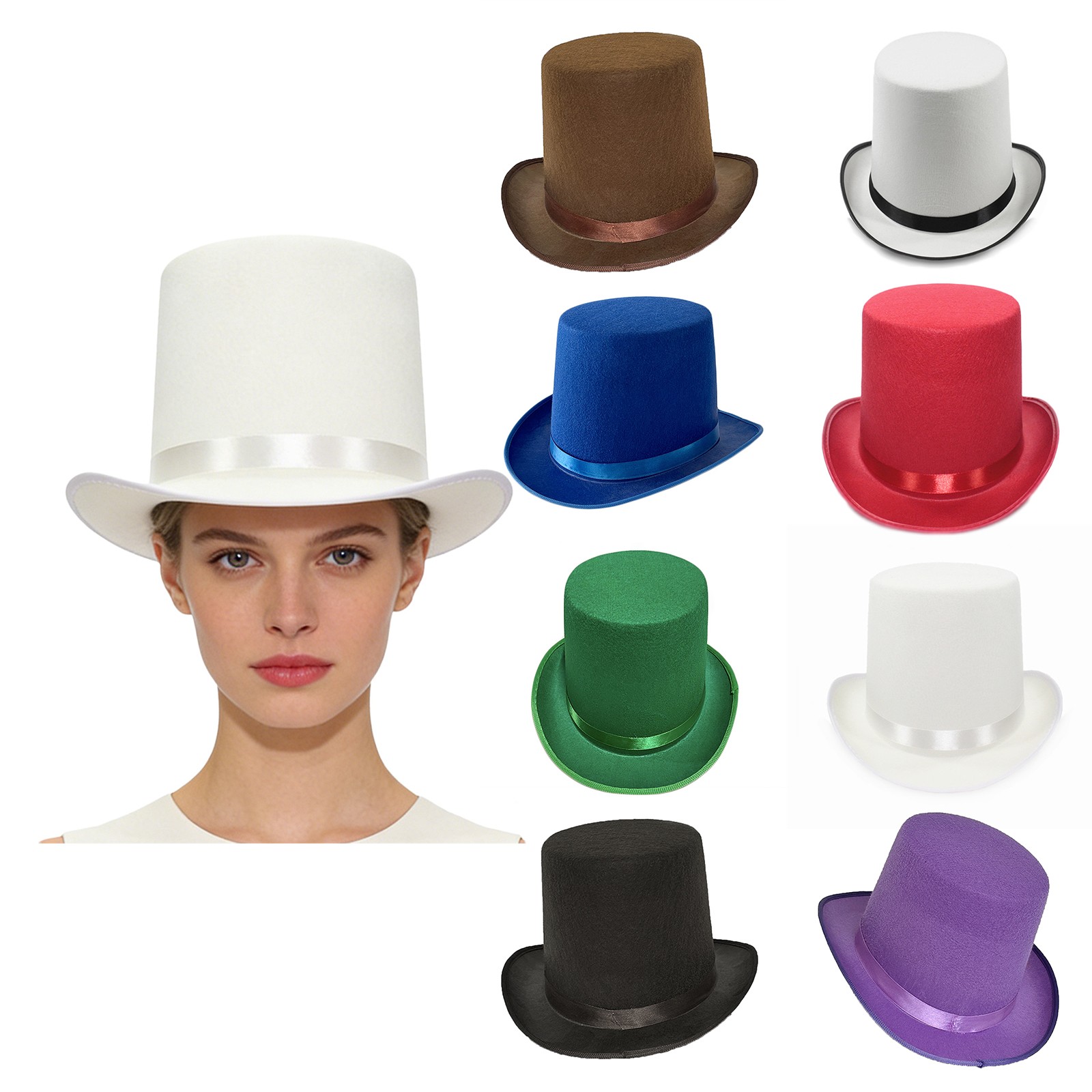 1Pcs High Top Hat Rolled Brim Solid Color Top Cap Tuxedo Magician Gentlemen Hat
