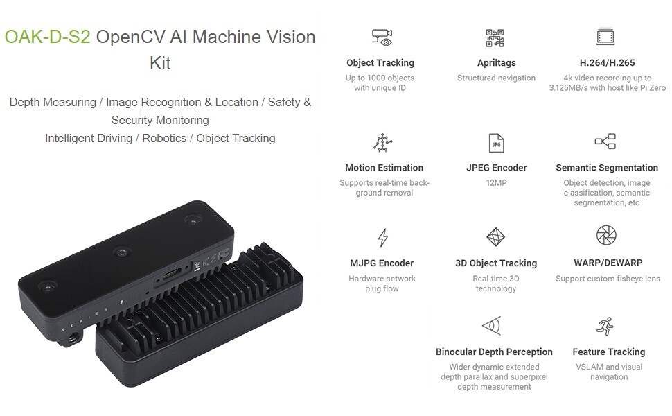 OAK-D-S2, 12MP, OpenCV AI Machine Vision Kit, Depth Measuring, Image Recognition