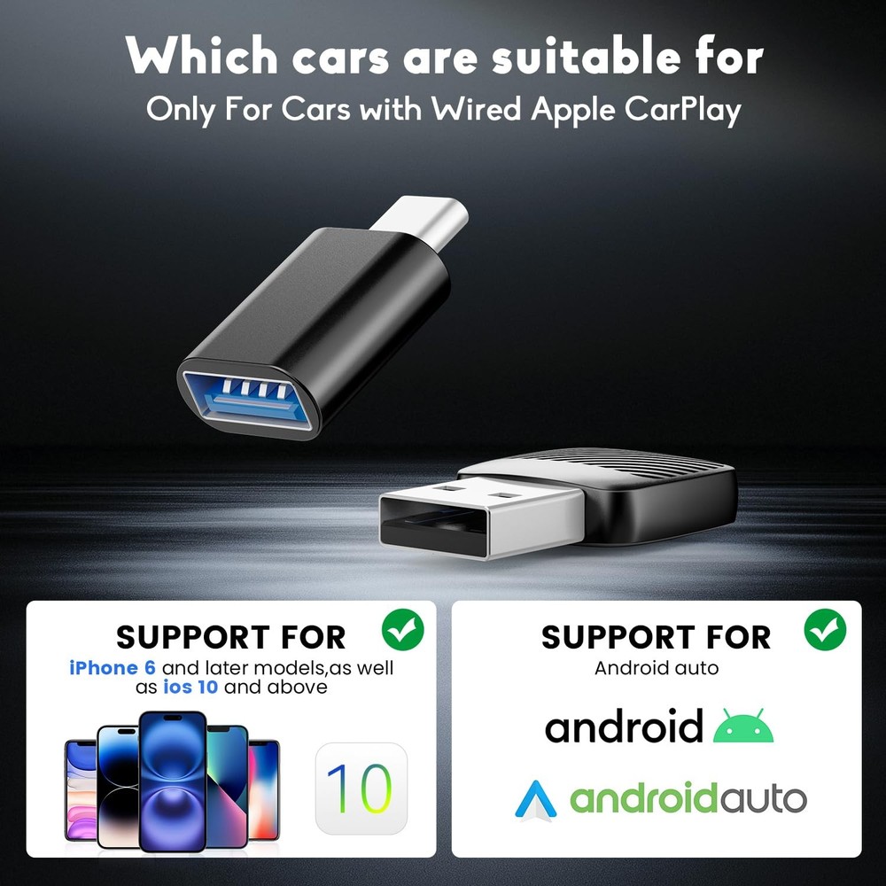 Android Auto & Wireless CarPlay Adapter with Type-C Transfer, 2-in-1 Mini Don...