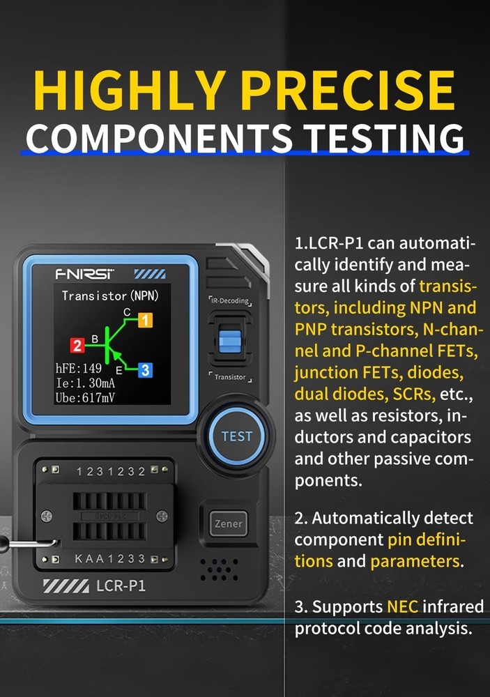 Battery Powered LCR Meter - Portable Transistor Tester with One Button Operation