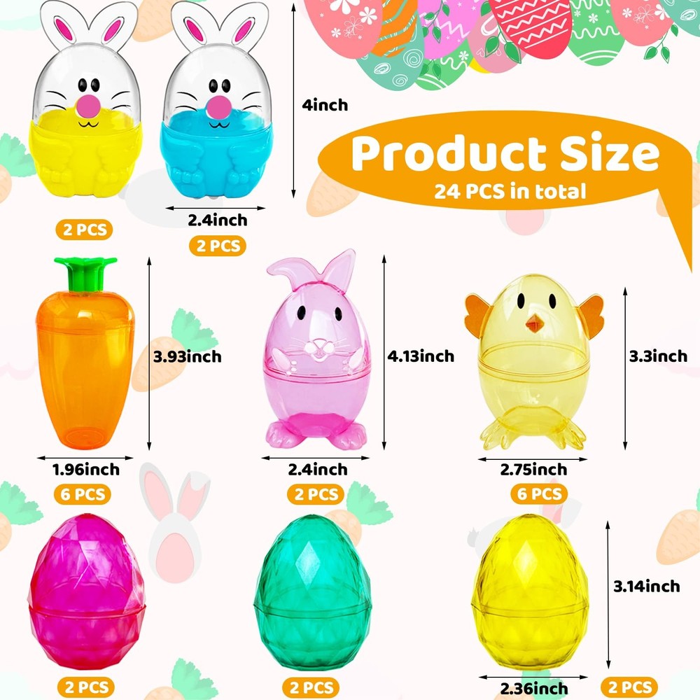 Alaeseje 24 Pack Easter Plastic Fillable Containers,Clear 24 Pack, COLORFUL