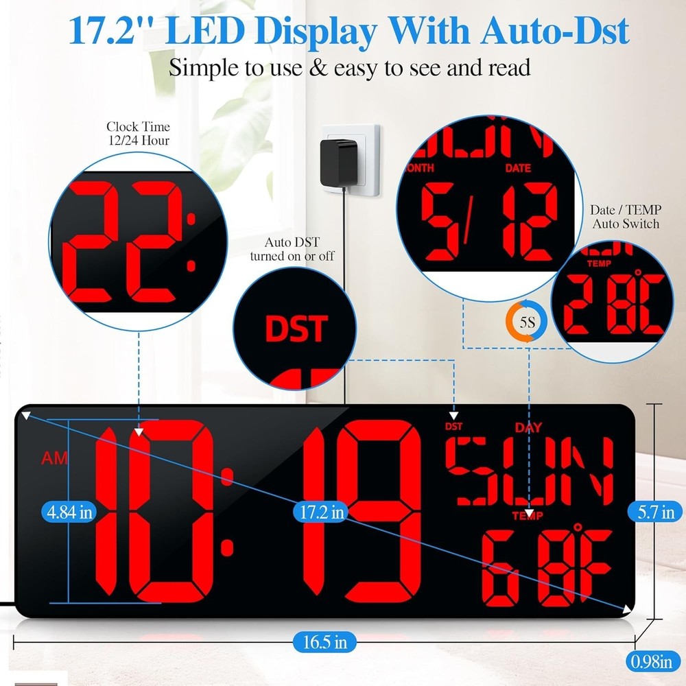 Large Digital Wall Clock with Remote Control 17.2" LED Large Display Timer
