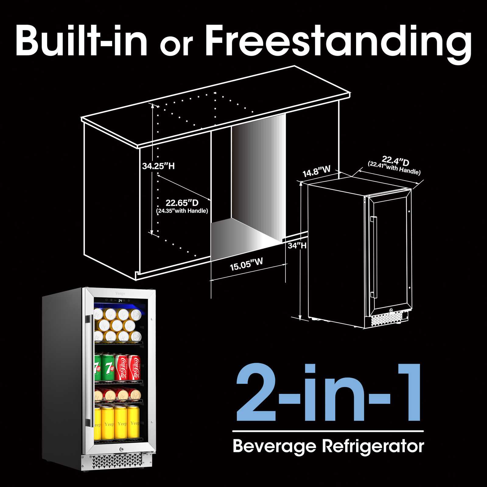 Yeego 15" Beverage Cooler Refrigerator 80 Cans Freestanding Fridge