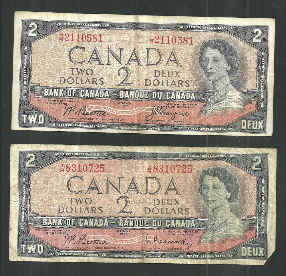 Pick# 67B & 76B 1954 Canada Canadian 2 Dollar Notes One Devil's Head Banknote