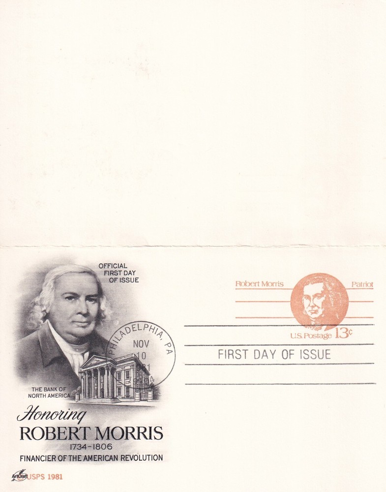 STAMP US SCOTT UY34 "Robert Morris" 2 POSTCARDS ATTACHED 13 + 13 CENT 1981 FDC-B