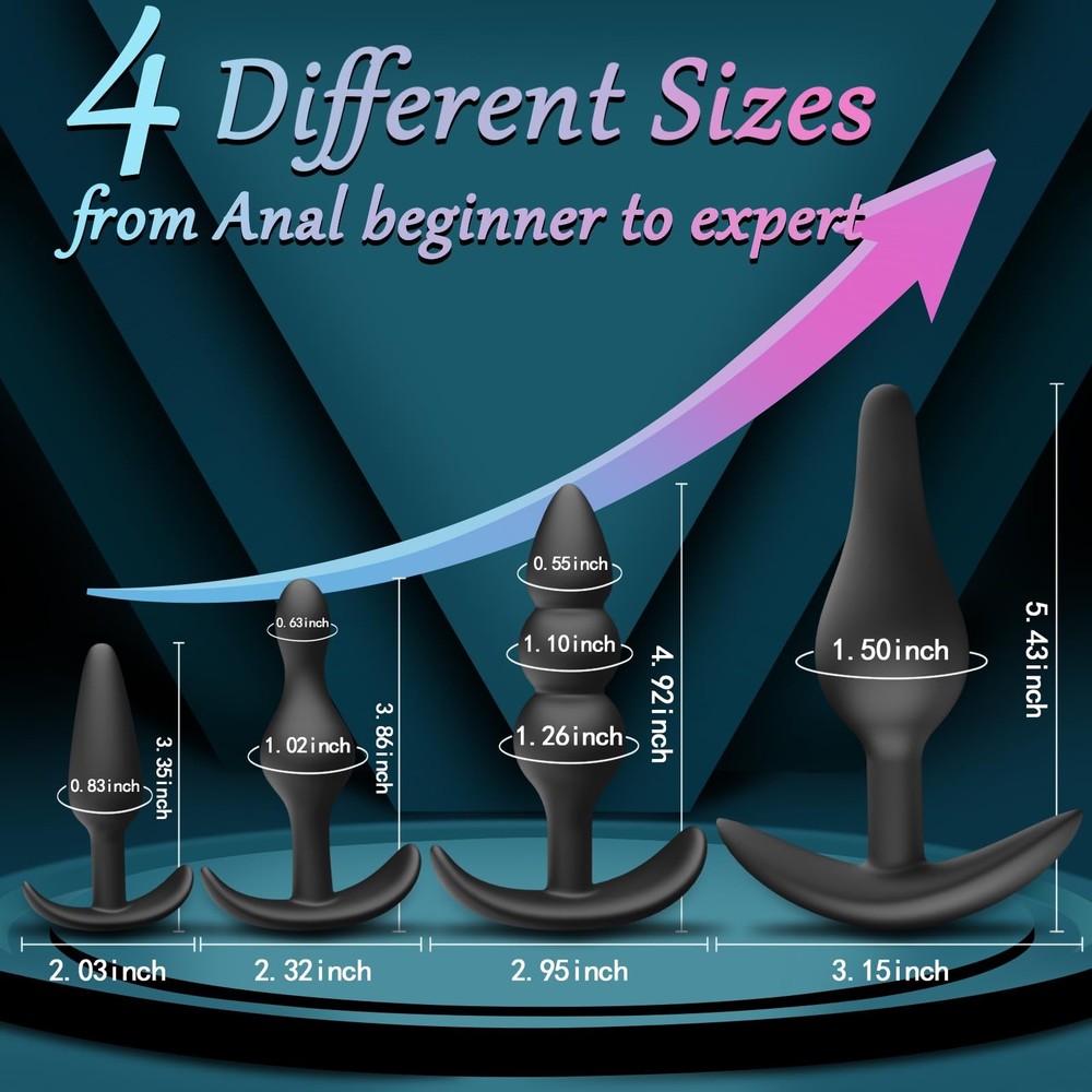 4PCS Silicone Anal Butt Plug Set, Beginner to Advanced, Trainer Kit with Flar...