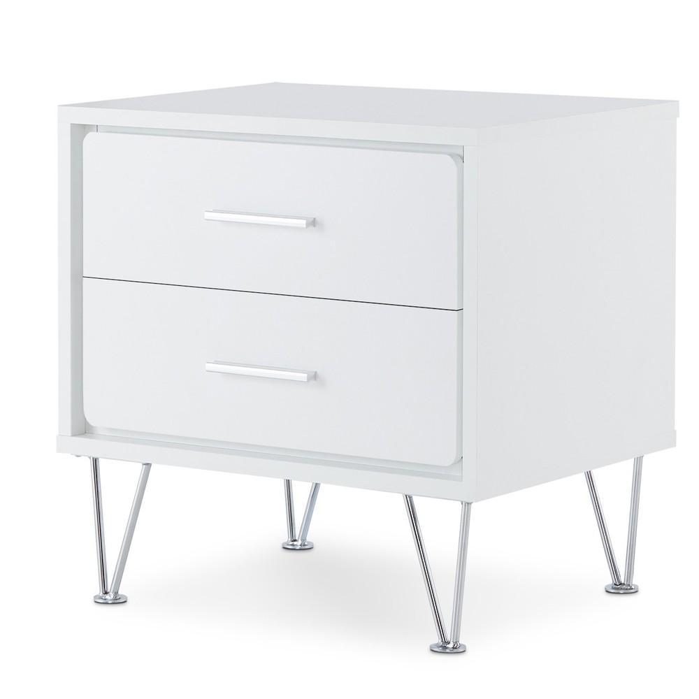 The modern white two-drawer table emphasizes medium-density fiberboard