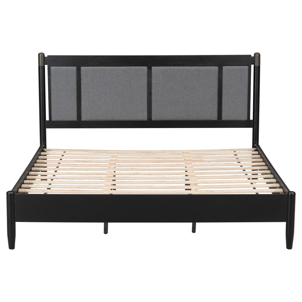Solid Wood King Bed Frame w/ Upholstered Headboard, 600lb Support, Black