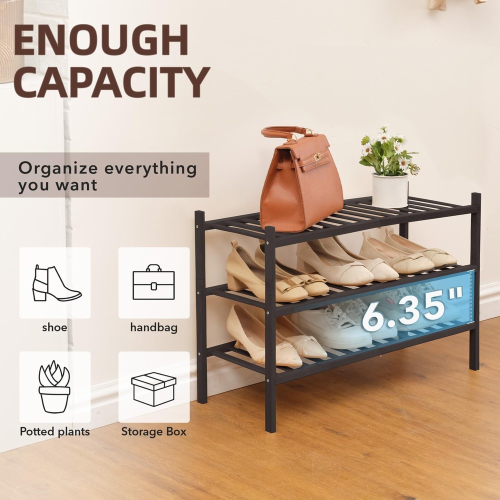 3 Tier Bamboo Shoe Rack Storage Organizer for Closet, Multifunctional Stackab...