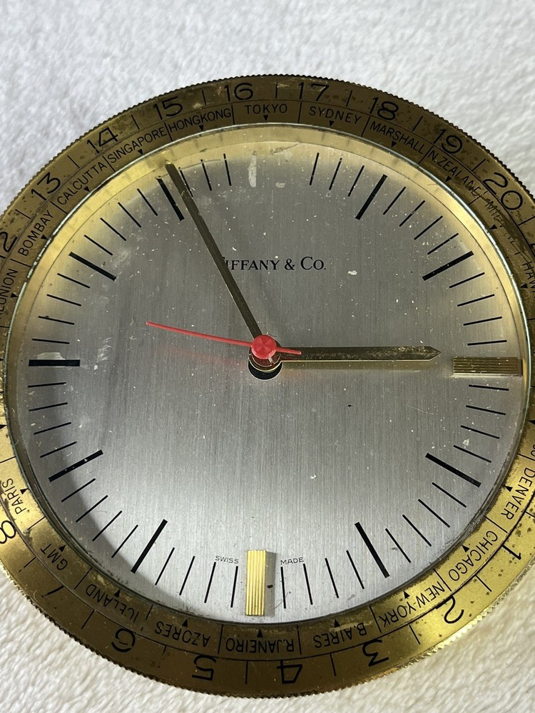 VINTAGE SOLID BRASS TIFFANY & CO. WORLD DESK CLOCK display piece *Untested*