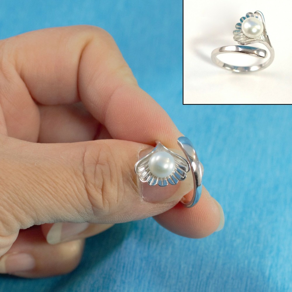 Solid Sterling Silver .925 White Pearl Ring Shell Style Adjustable Ring Size TP