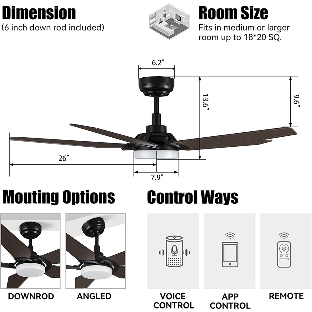52" Modern Smart Ceiling Fan with Dim LED Light and Remote Control