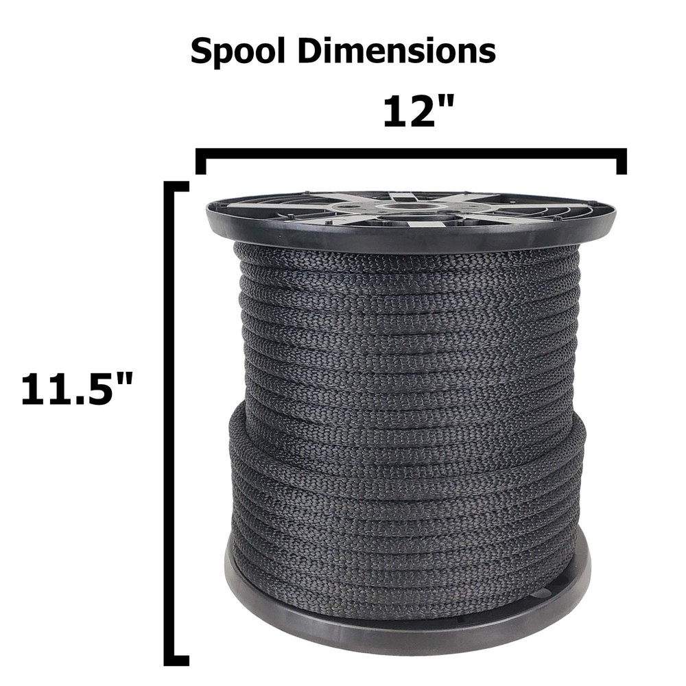 1/2 Inch Black Dacron Polyester Rope 250 Foot Spool | Solid Braid Industrial Gra