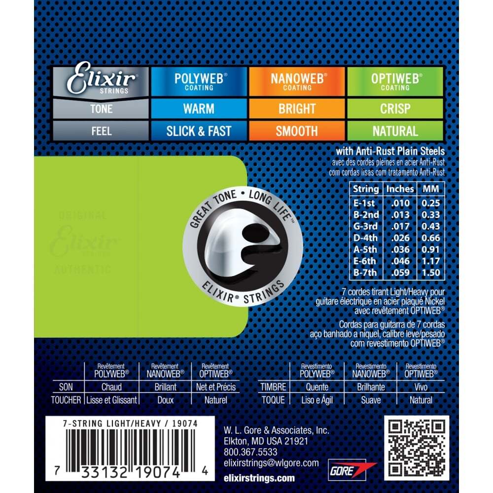 Elixir 19074 Optiweb Coating Electric Guitar Strings 7-String Light/Heavy 10-59