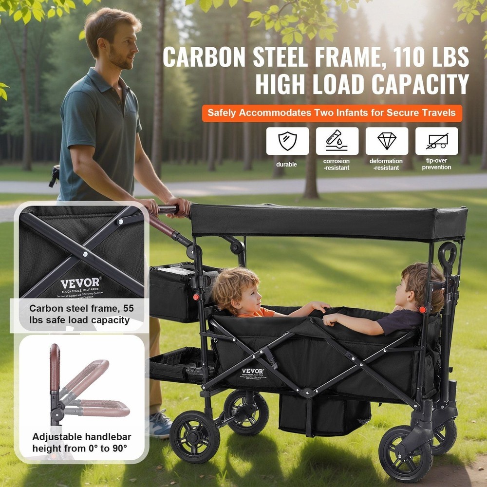 Wagon Stroller for 2 Kids, Push Pull Quad Collapsible Stroller with Adjustable