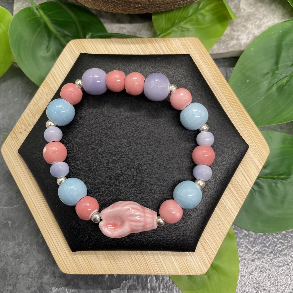 Handmade Ceramic Bead Beaded Stackable 6.5” Plus Stretch Bracelet New B36