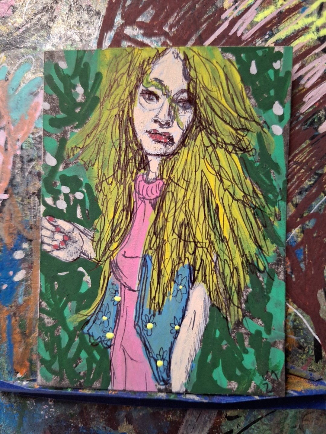 Woman With Thick Bush Behind Her  ACEO ATC OOAK ORIGINAL 3.5 x 2.5 inches