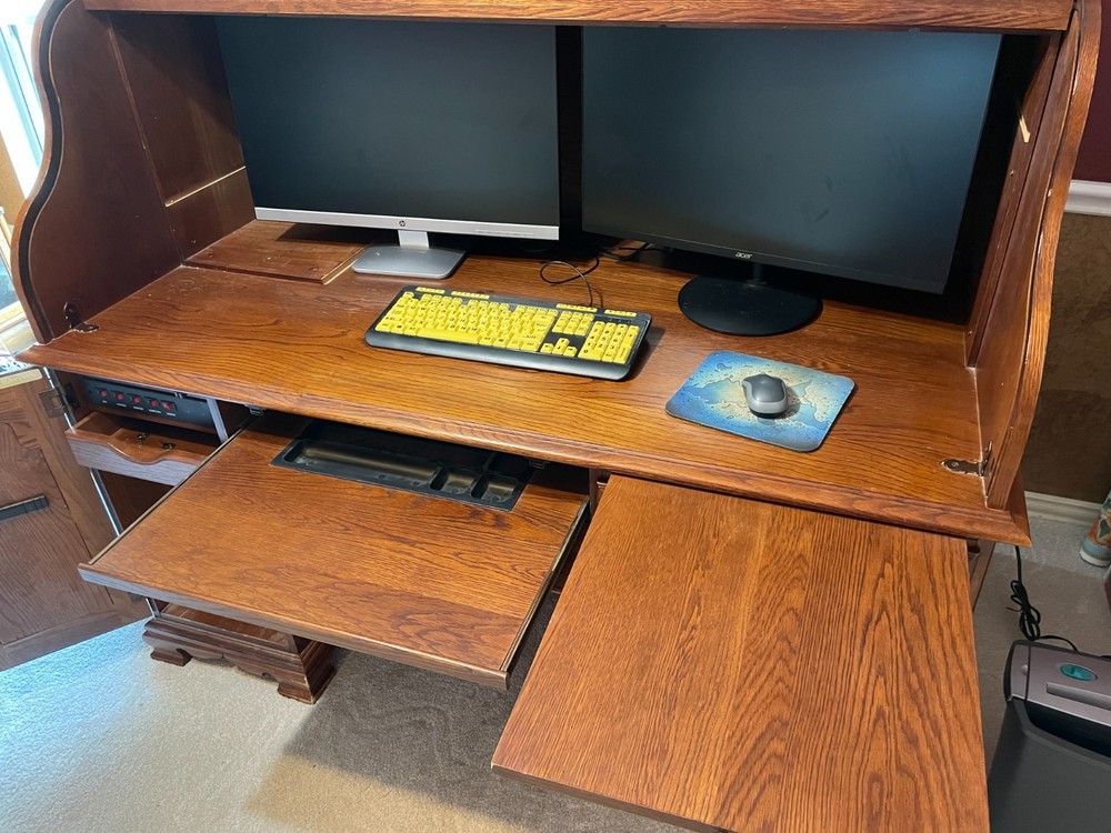 Riverside Oak Roll Top Desk with computer compartment.