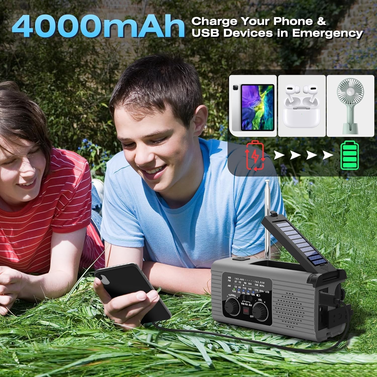Emergency Radio 4000mAh Solar Hand Crank AM/FM/NOAA Portable Weather Radio with