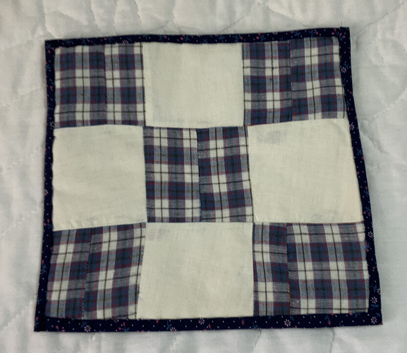 Vintage Patchwork Quilt Table Topper, Nine Patch, Checks, Red, Navy Blue & White