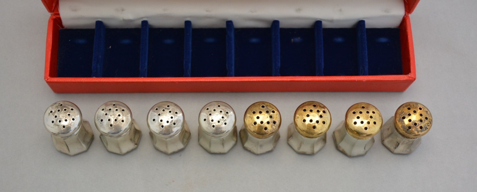 Cartier Silver Salt Pepper Shakers - Set of 8 - Original Box - 4 Gold Plated Lid