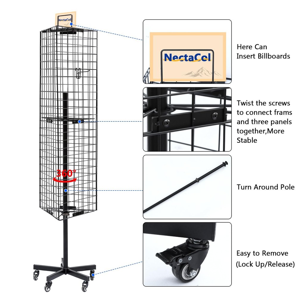 Triangular Gridwall Panel Display Stand with Base and Pole, Black Grid Wall P...
