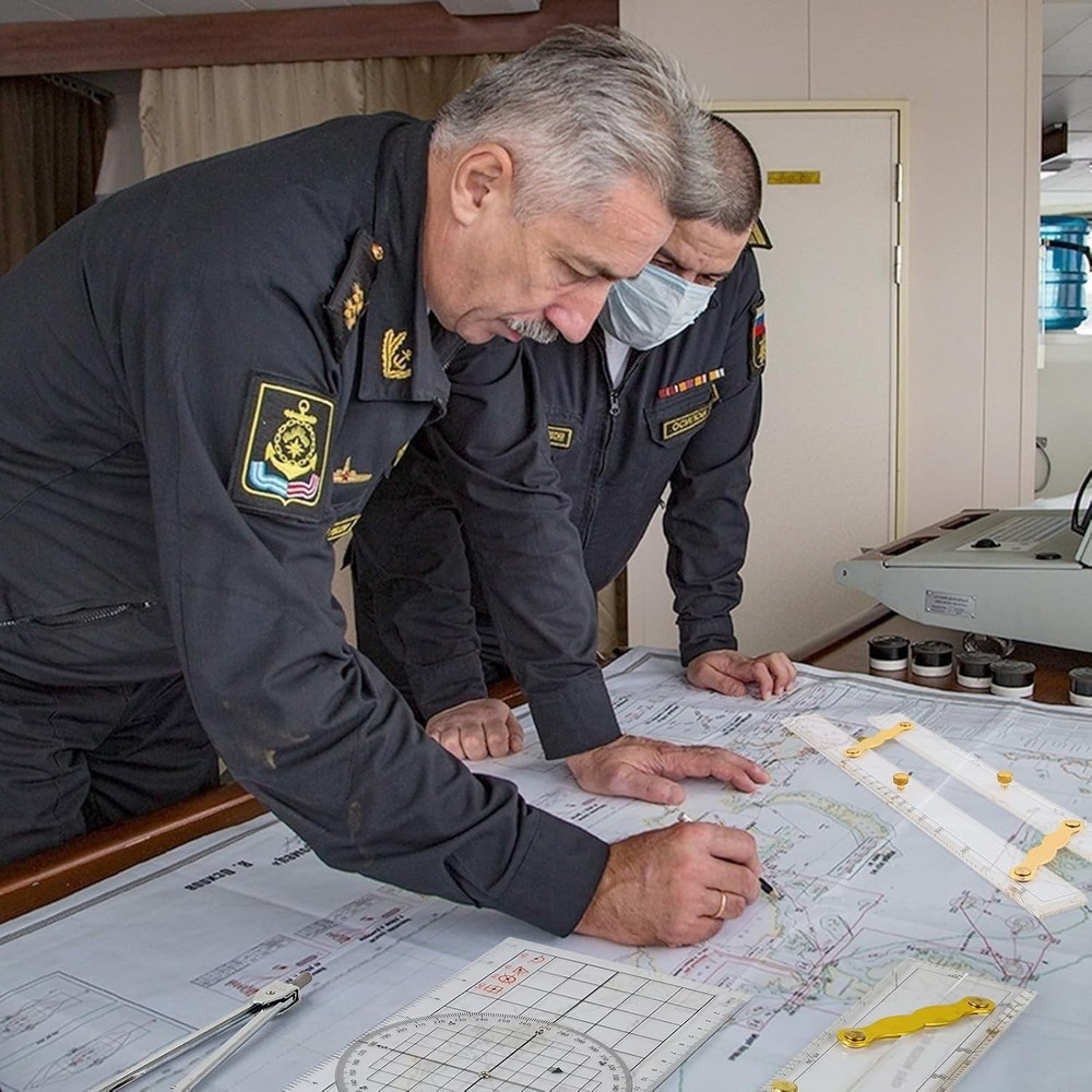 3 Pc Marine Navigation Set, Parallel Split Ruler, Nautical Protractor Brass Arms