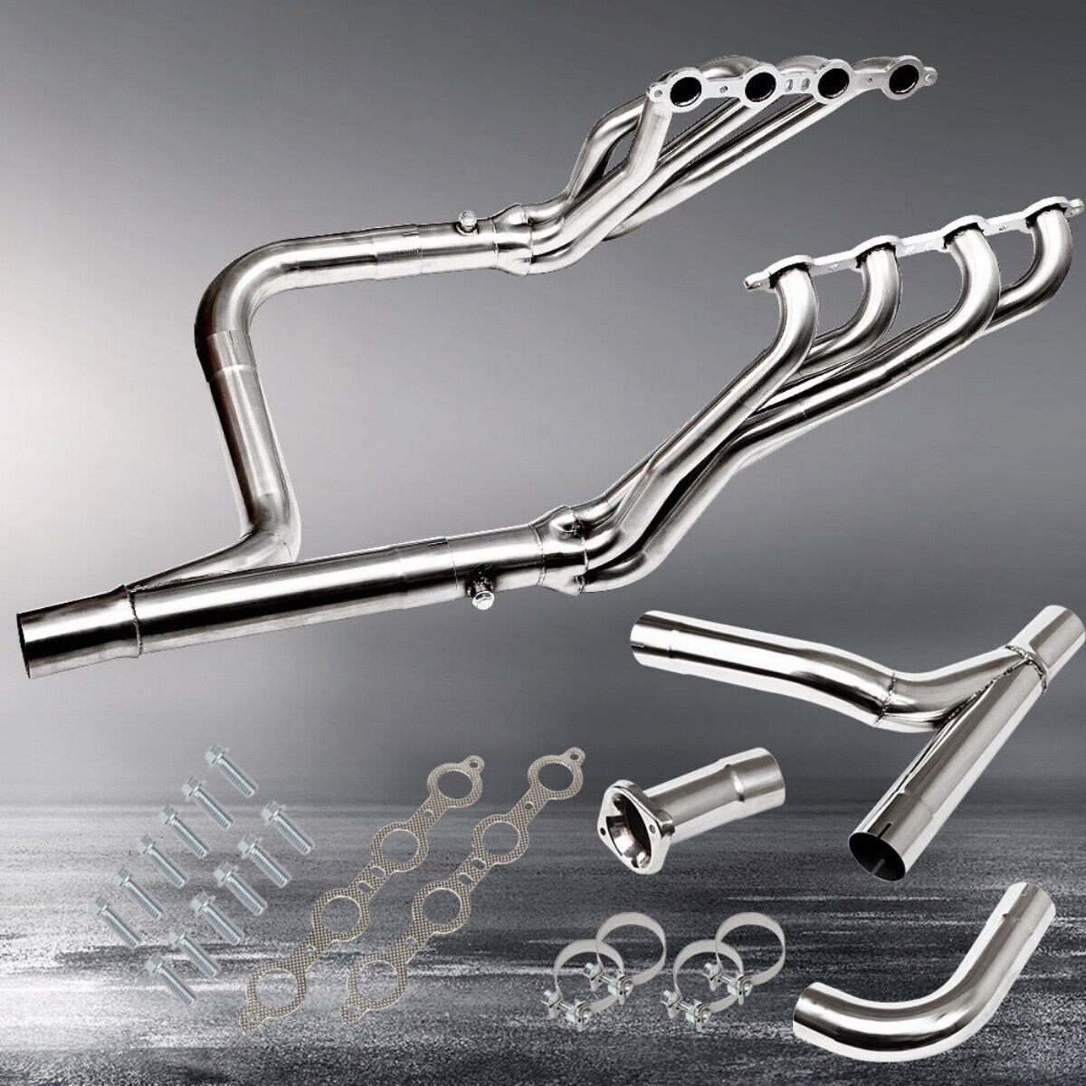 SS Polished Long Tube Exhaust Header+Y Pipe Fit 99-06 Chevy GMC GMT800 4.8 5.3