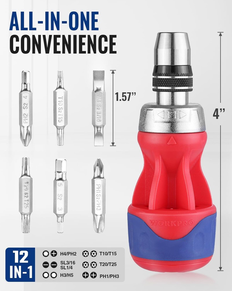 WORKPRO 12-in-1 Magnetic Stubby Ratcheting Multi-bit Screwdriver Double End Bits