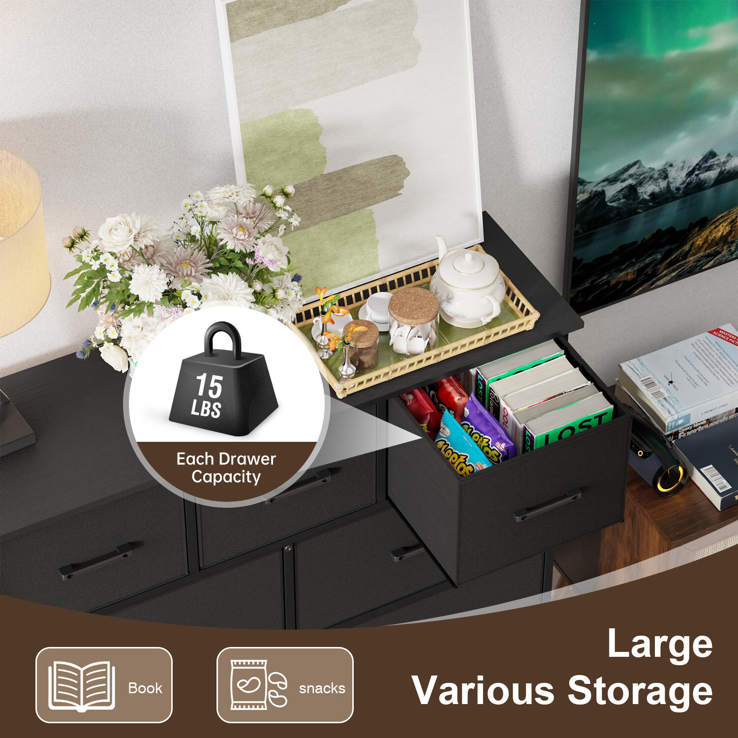 9-Drawer Fabric Dresser,Sturdy Storage Tower Dresser for Bedroom w/ Metal Frame