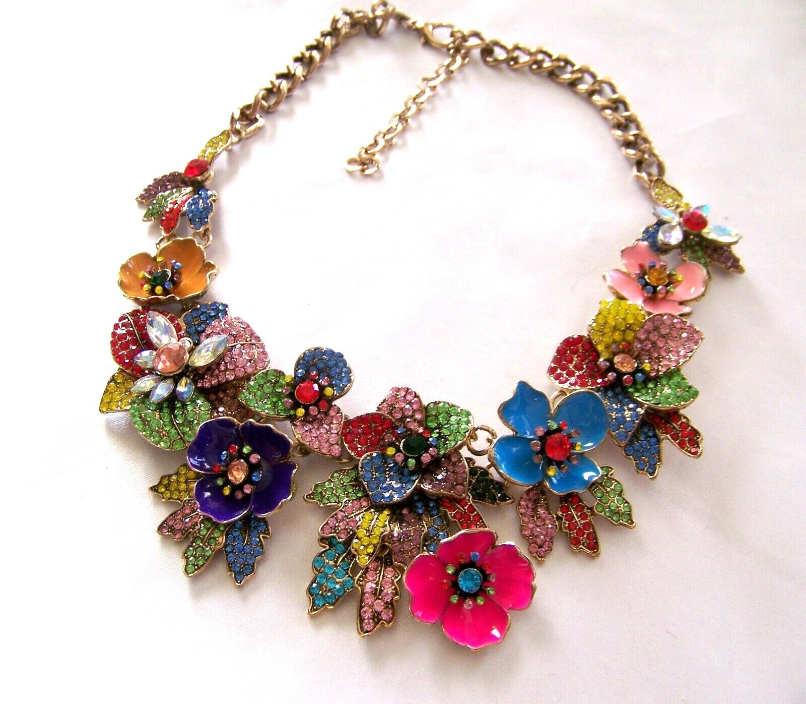VALENTINE FLORAL BOUQUET  VTG Style Pave Rhinestone Enamel Bib Necklace