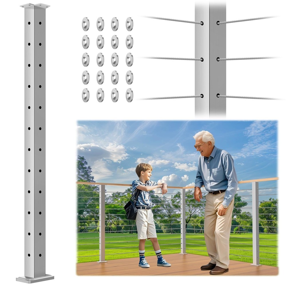 42" Brushed Corner Post for Deck Cable Railing Kit System, Stainless Steel T3...