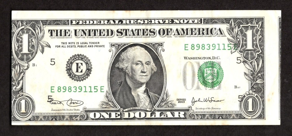 2003 $1 FRN Third Printing Shift and Misaligned Cutting Error Note